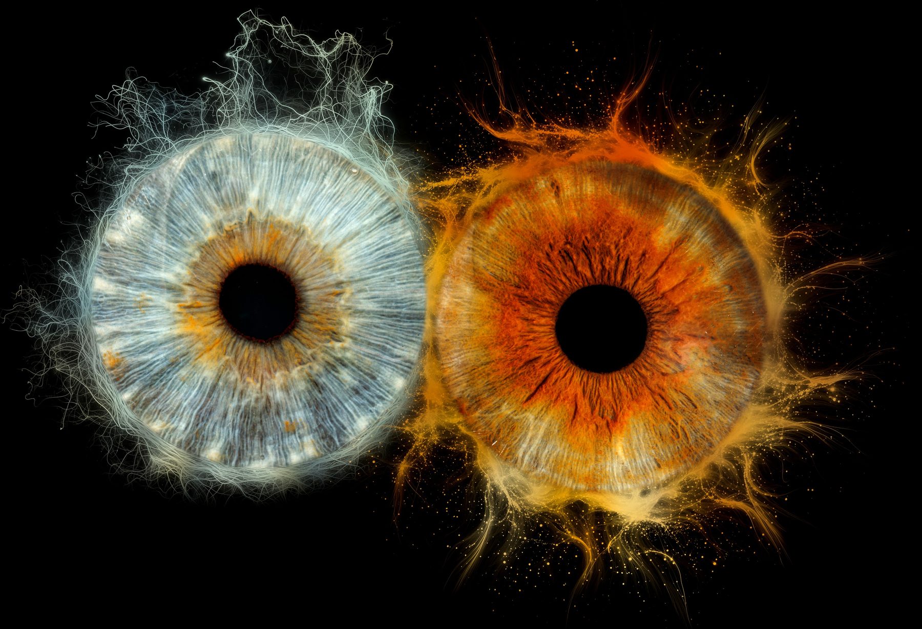 Deux iris côte à côte, bleu et ambre
